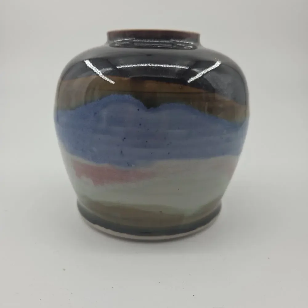 Signed‎ Studio Pottery Vase Drip Glaze Blue Brown Mauve Modern Art Pottery 5.5